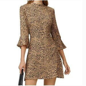 HVN Ashley Mini Dress Silk Floral Bell Sleeve Tan Black Size 2